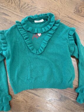 Philosophy Teal Ruffle-Trim Knit Sweater with Red Heart Stitching